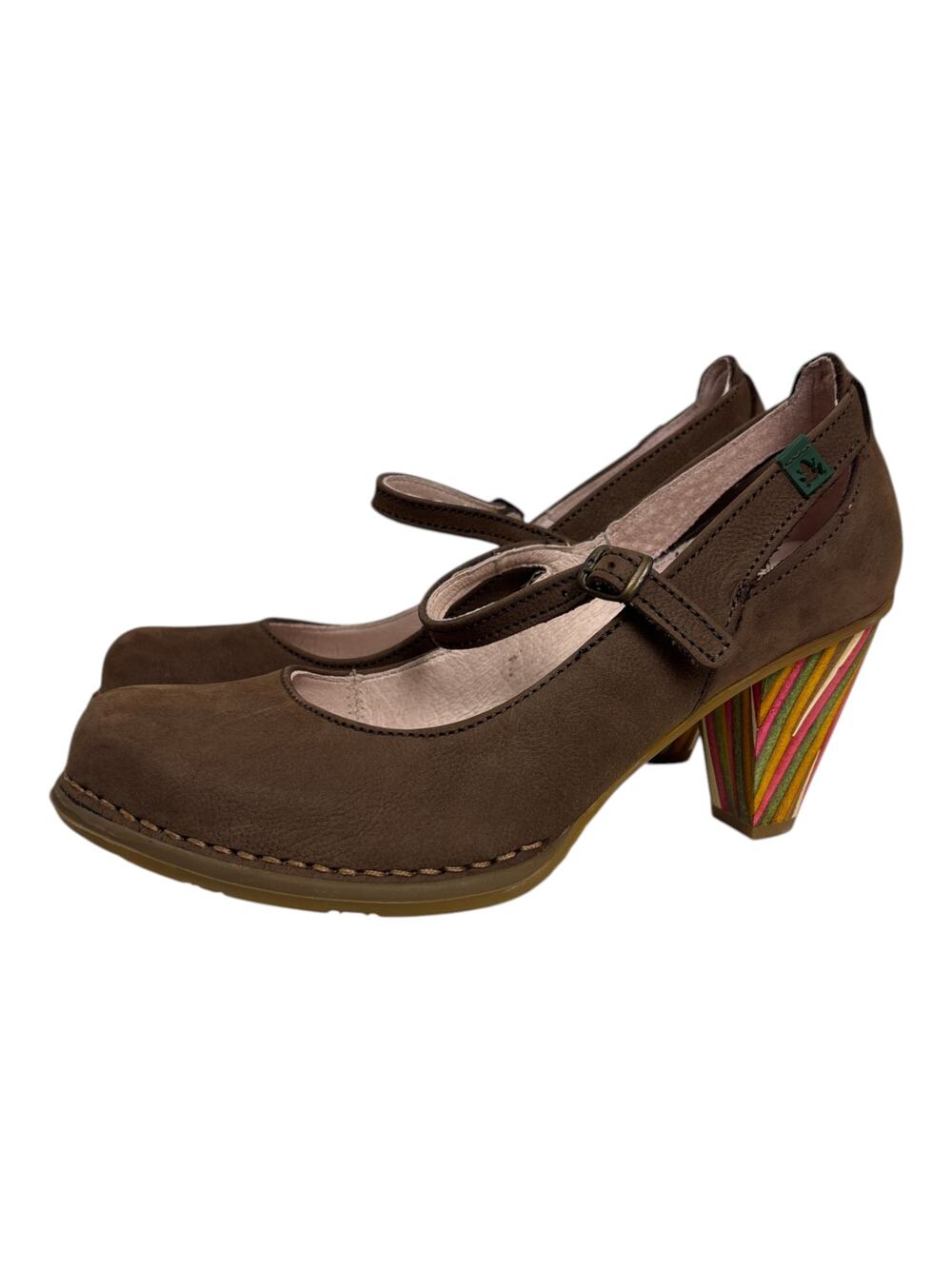El Naturalista brown leather pumps with mary jane strap, multicolor striped bloc